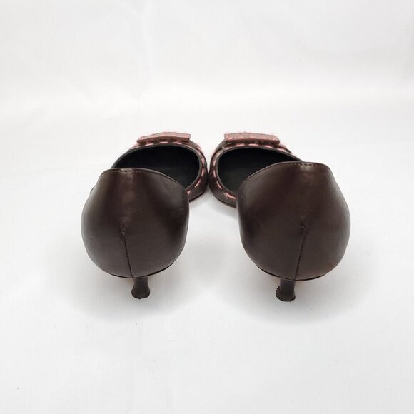 Isabella Fiore Leather Pumps 8 Brown Pink Embroidered Yarn Kitten Heel Open Side - Picture 4 of 9